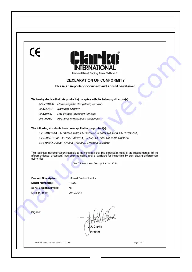 Clarke IRD20 Operation & Maintenance Instructions Manual Download Page 18