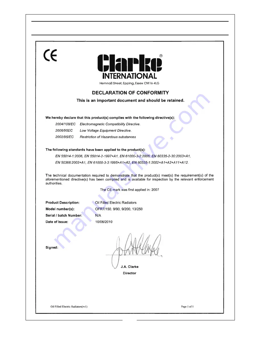 Clarke OFR150 Operation & Maintenance Instructions Manual Download Page 10