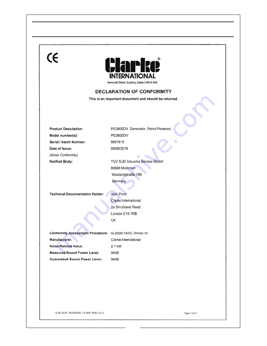 Clarke PG2500 Operation & Maintenance Instructions Manual Download Page 22