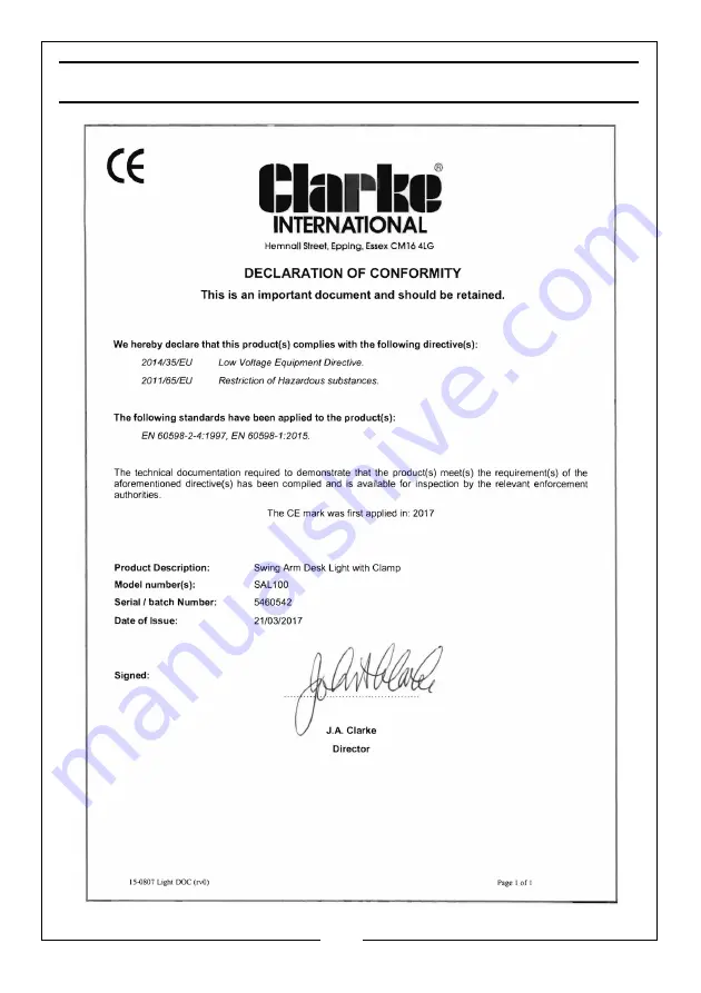 Clarke SAL100B Assembly & Operating Instructions Download Page 7