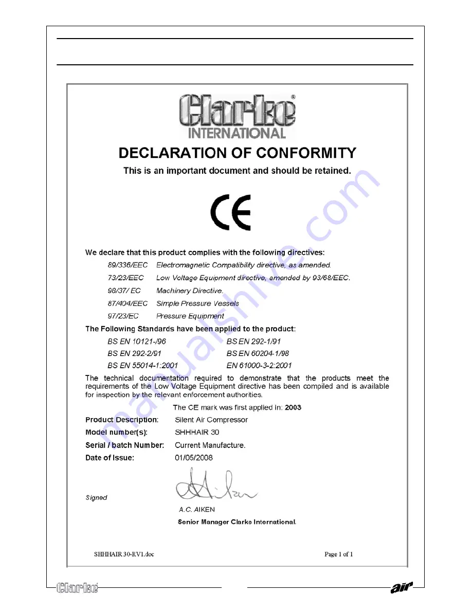 Clarke SHHHAIR 30 Operation & Maintenance Instructions Manual Download Page 14