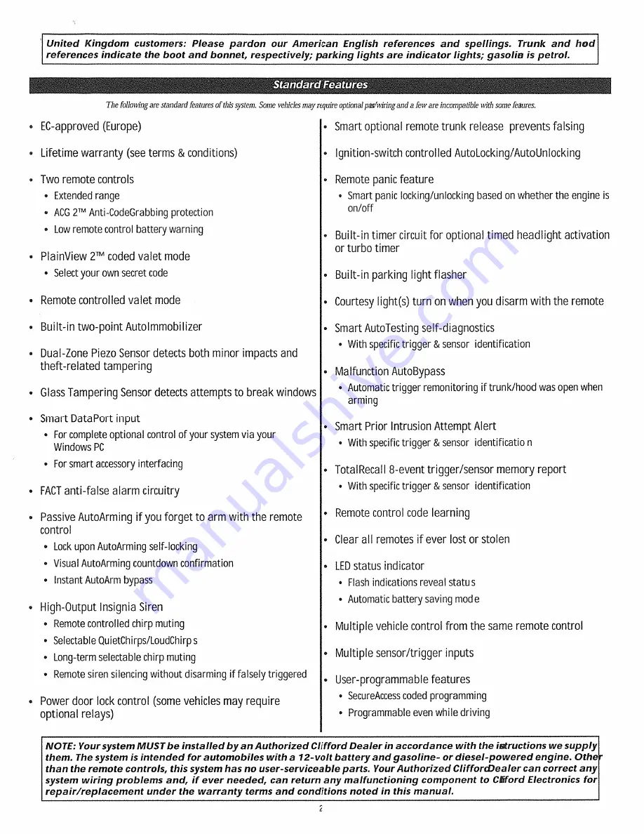 Clifford Concept 100 Owner'S Manual Download Page 2