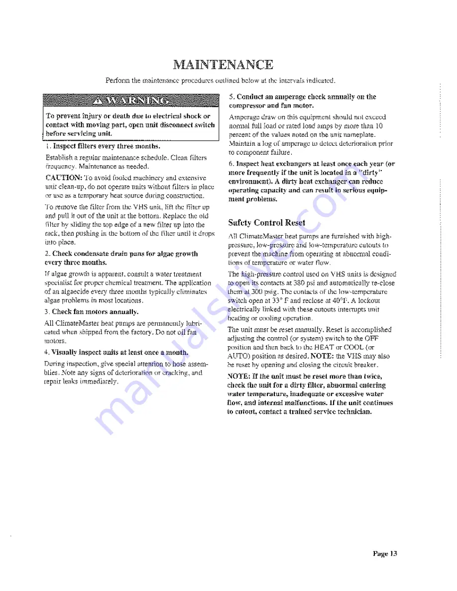 ClimateMaster VHS series Operating Instructions Manual Download Page 13