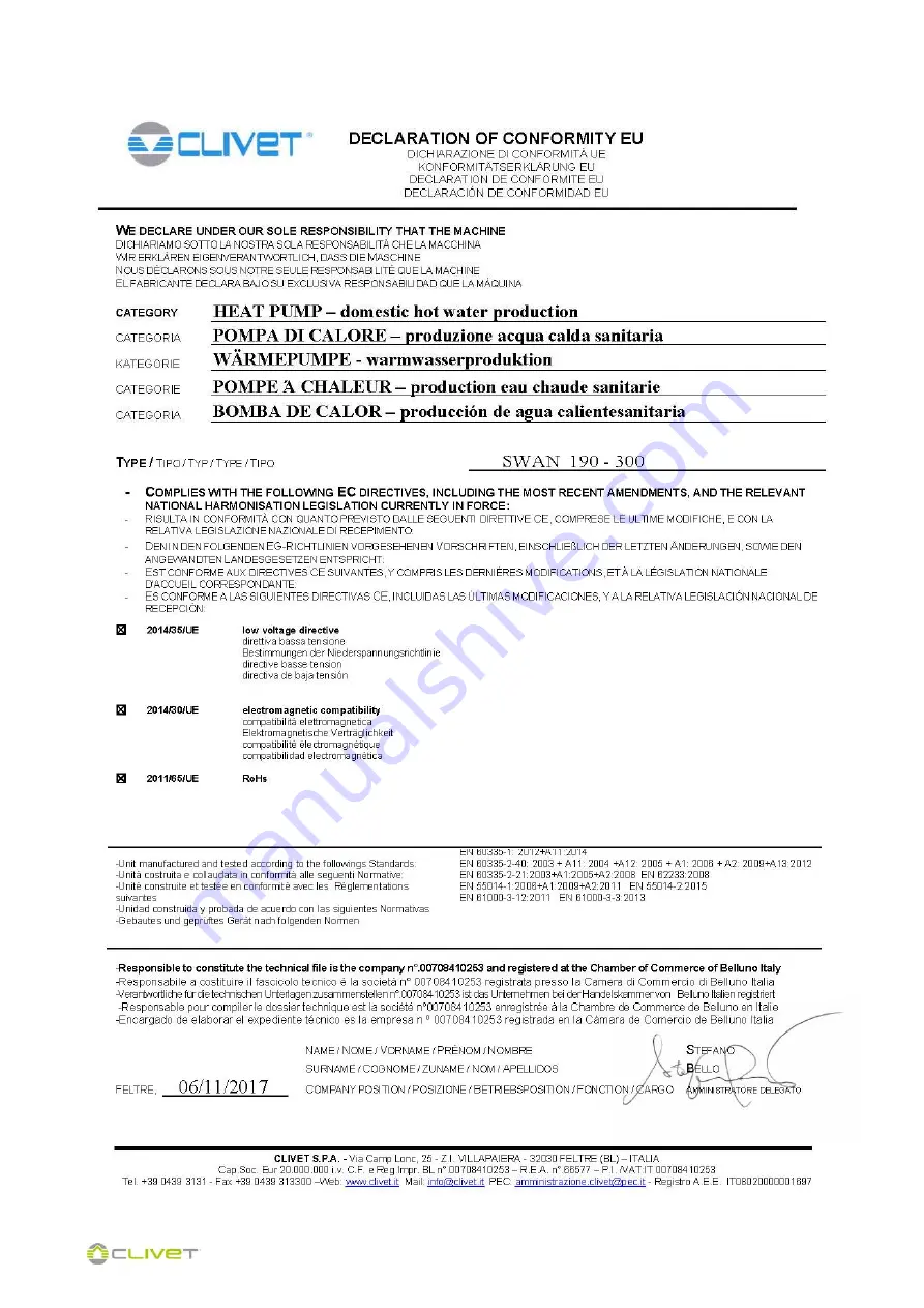 CLIVET AQUA SWAN 190 Installation And Operating Manual Download Page 55