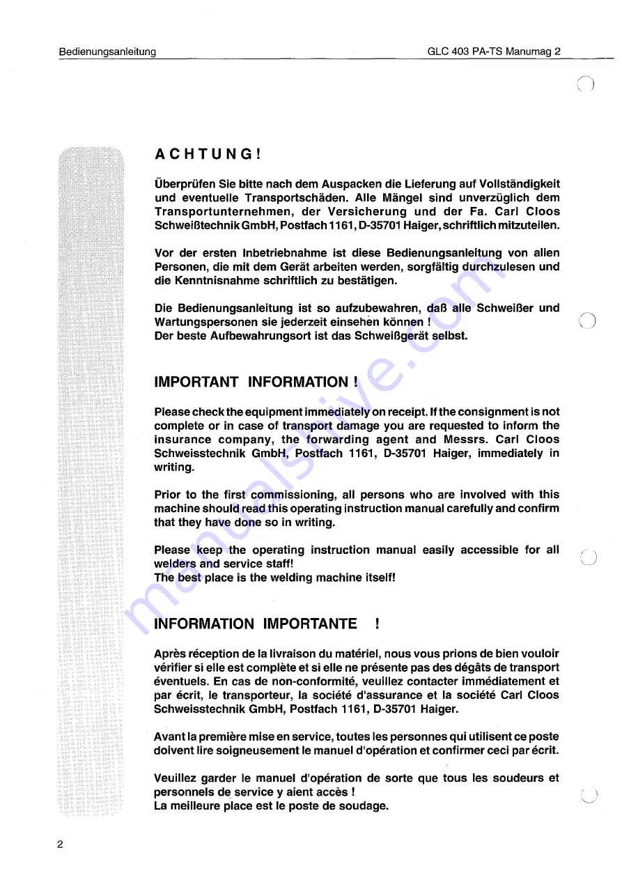 Cloos GLC 403 PA-TS Operating Instructions Manual Download Page 4