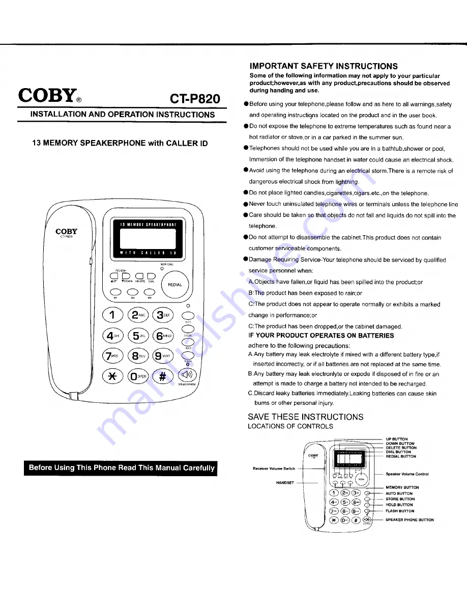 Coby CT-P820 Installation And Operation Instructions Download Page 1