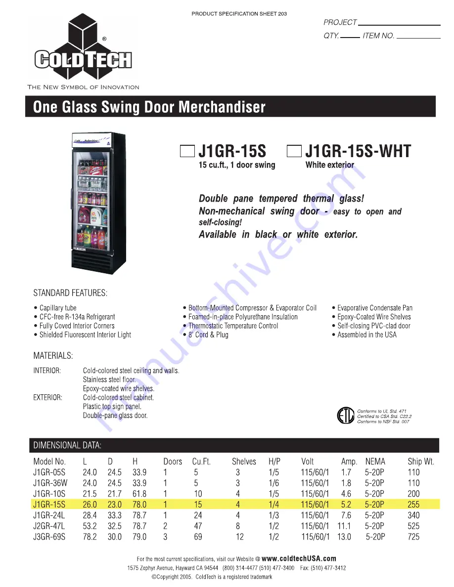 ColdTech J1GR-15S Specifications Download Page 1