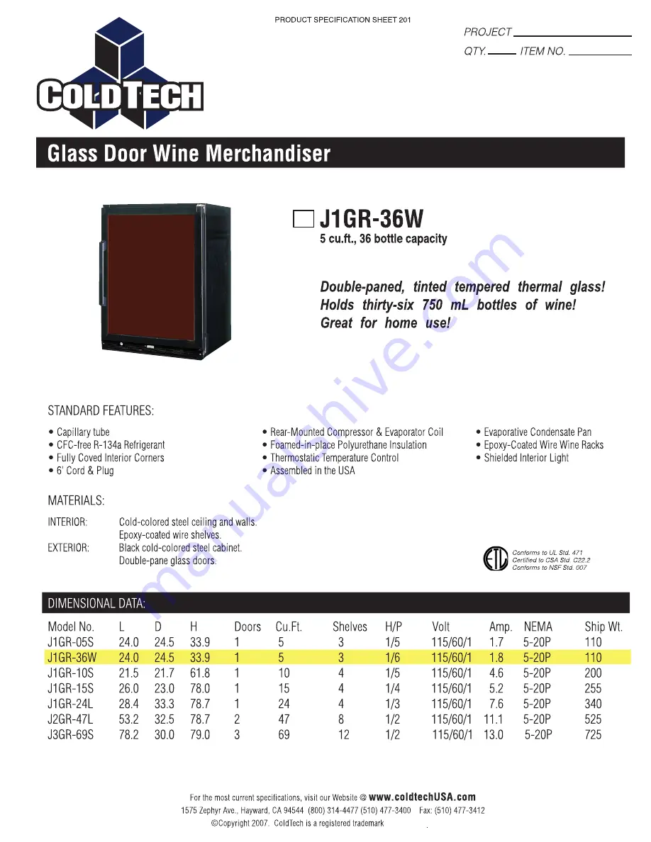 ColdTech J1GR-36W Скачать руководство пользователя страница 1