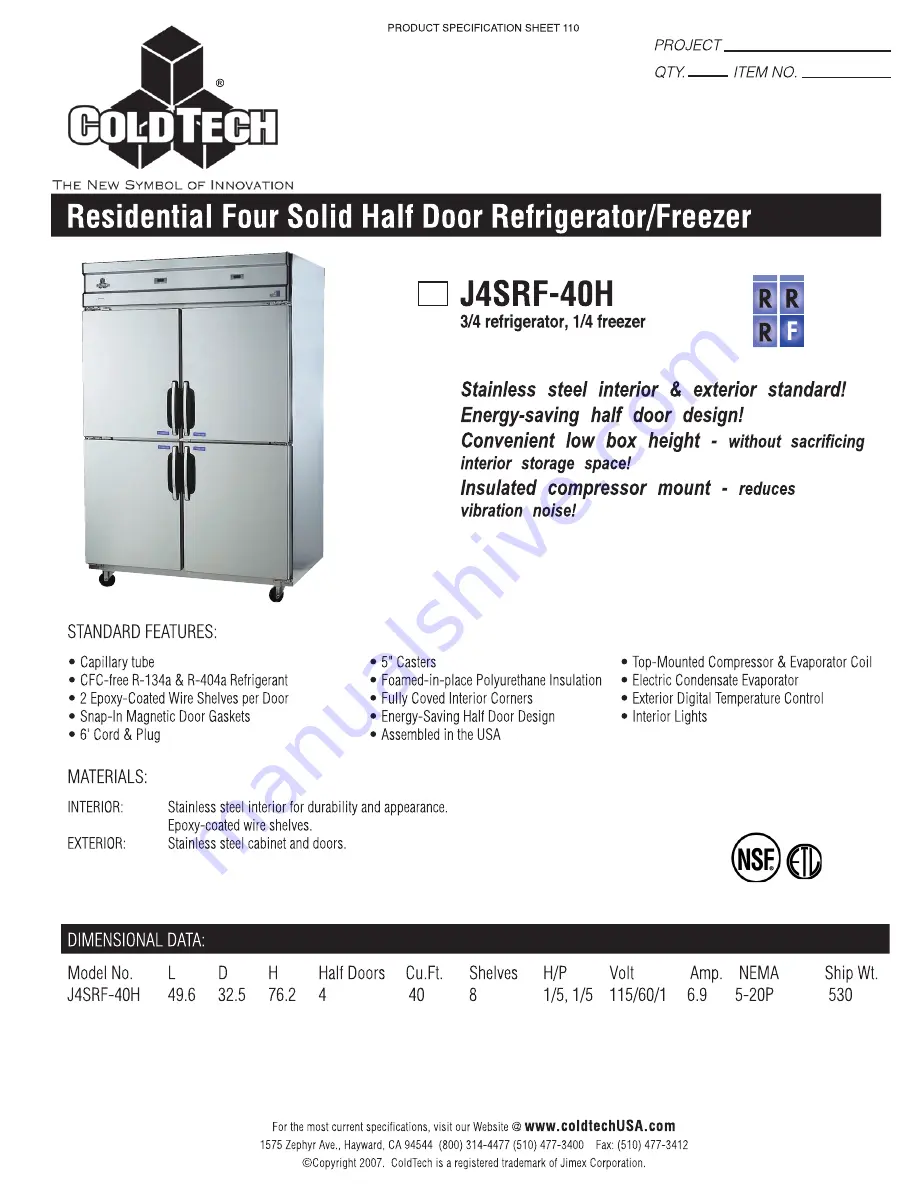 ColdTech J4SRF-40H Specifications Download Page 1