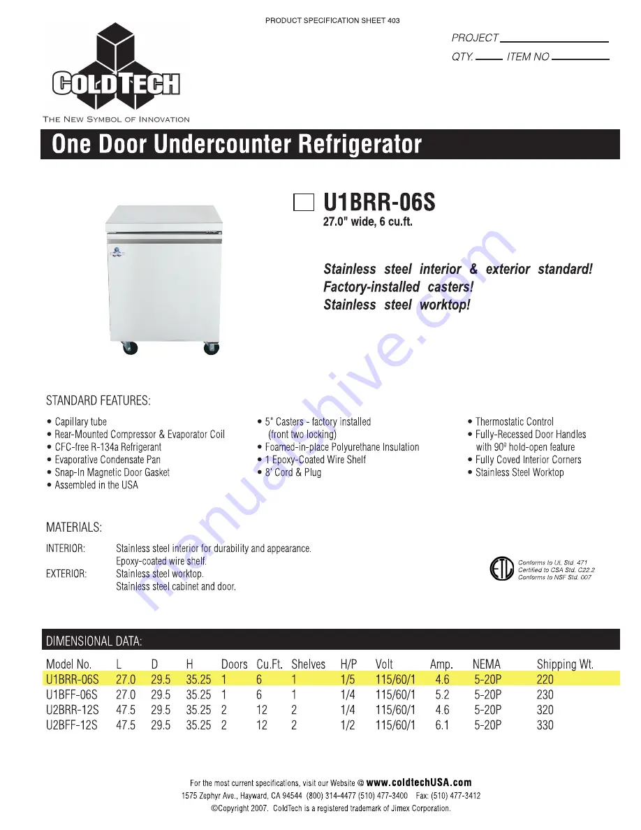 ColdTech U1BRR06S Specifications Download Page 1