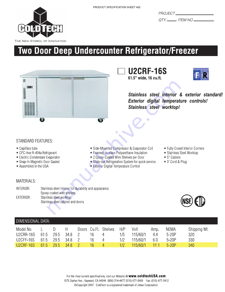 ColdTech U2CRF-16S Specifications Download Page 1