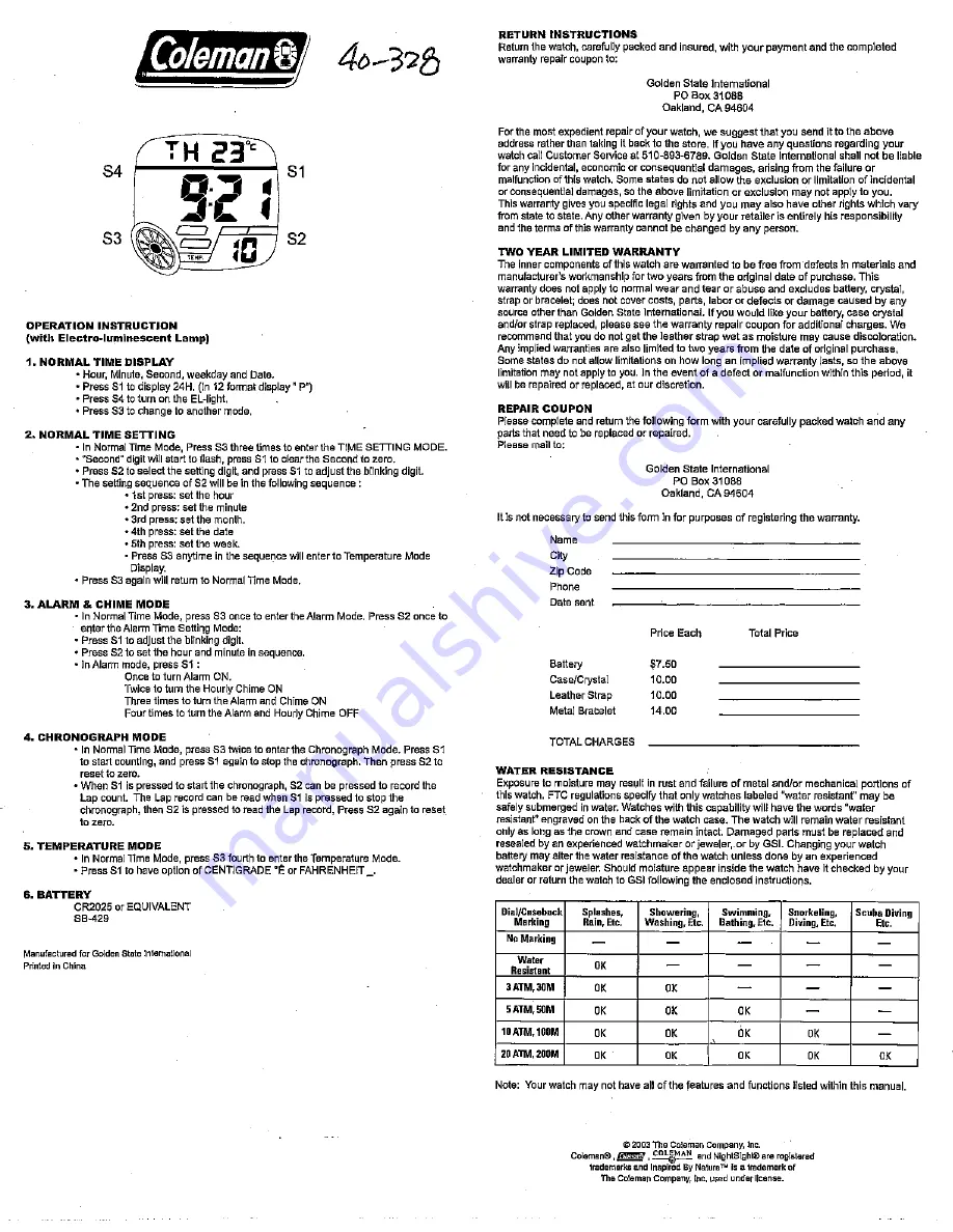 Coleman 40-118 Operation Instruction Download Page 1