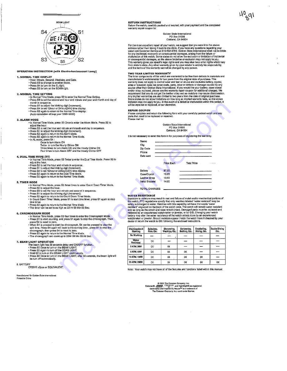 Coleman 40-869 Operating Instructions Download Page 1