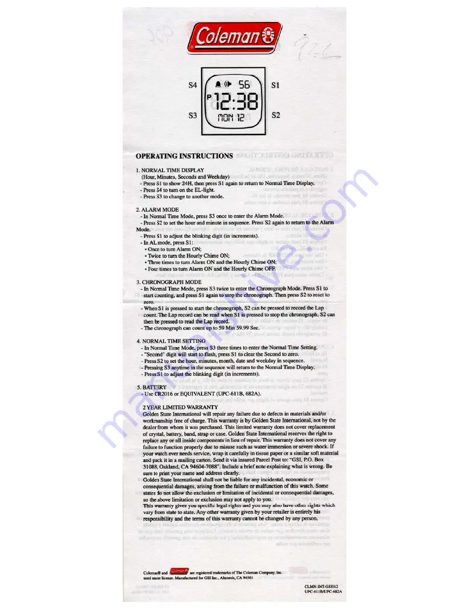 Coleman 40-926 Operating Instructions Download Page 1