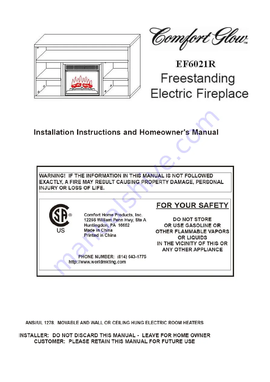 Comfort Glow EF6021R Installation Instructions And Homeowner'S Manual Download Page 1