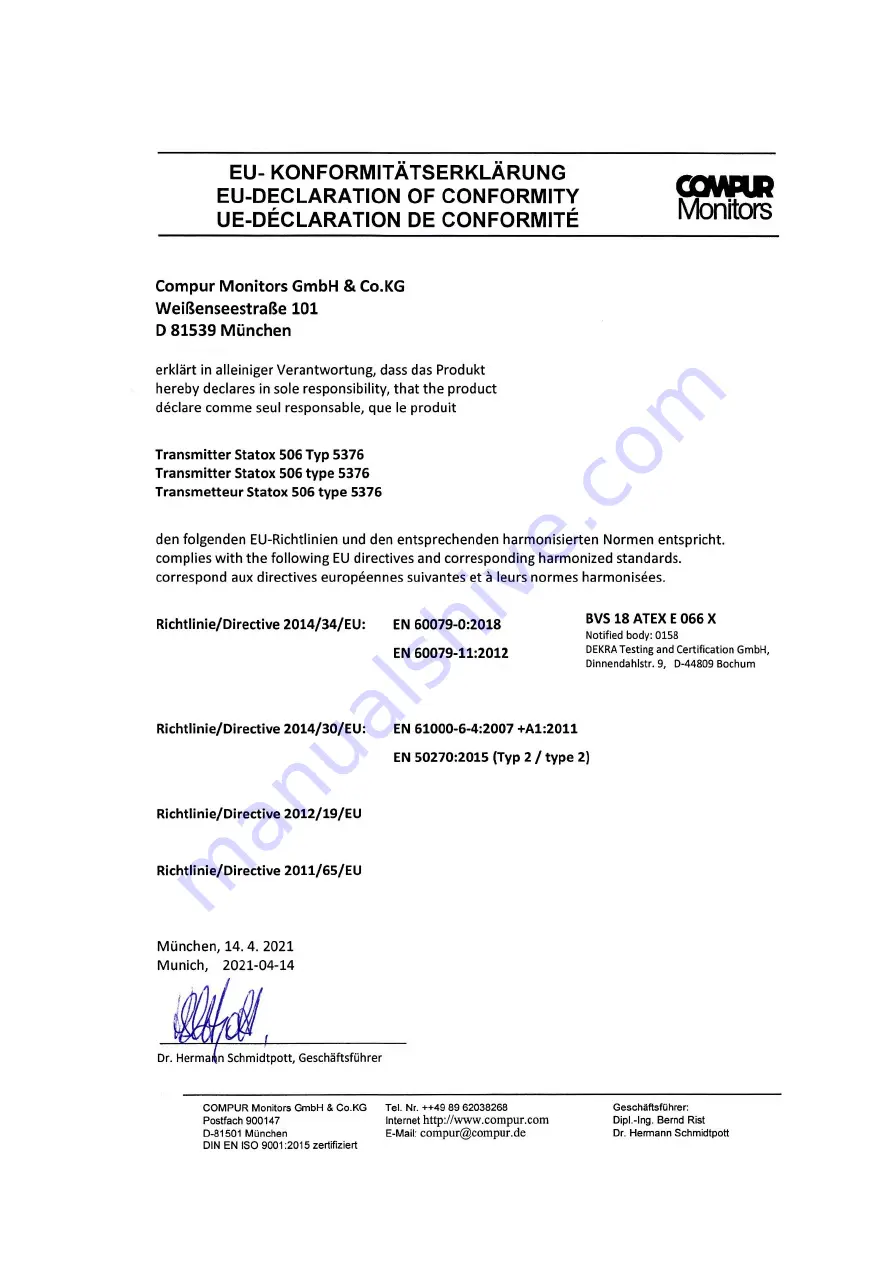 Compur Monitors Statox 506 Operation Manual Download Page 33