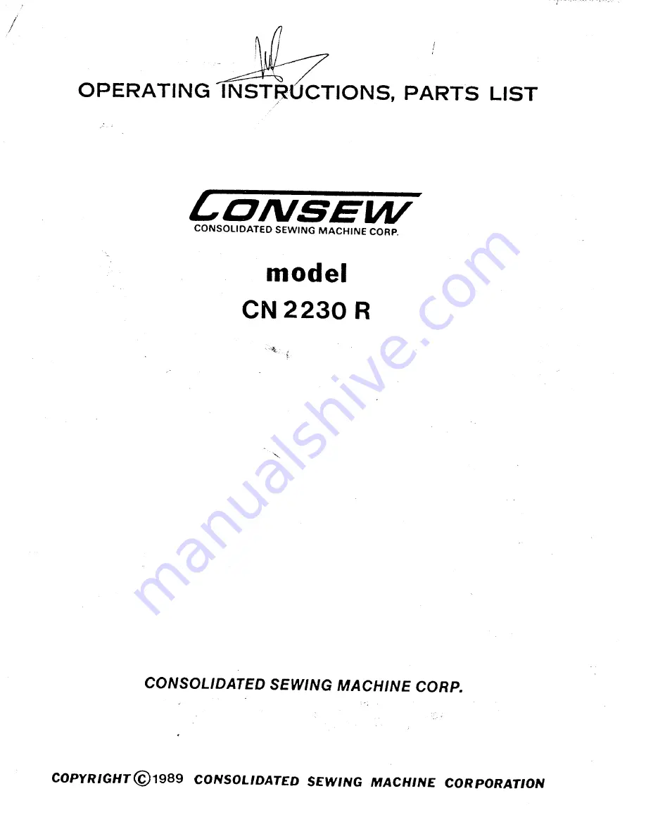 Consew CN 2230 R Operating Instructions & Parts List Manual Download Page 1