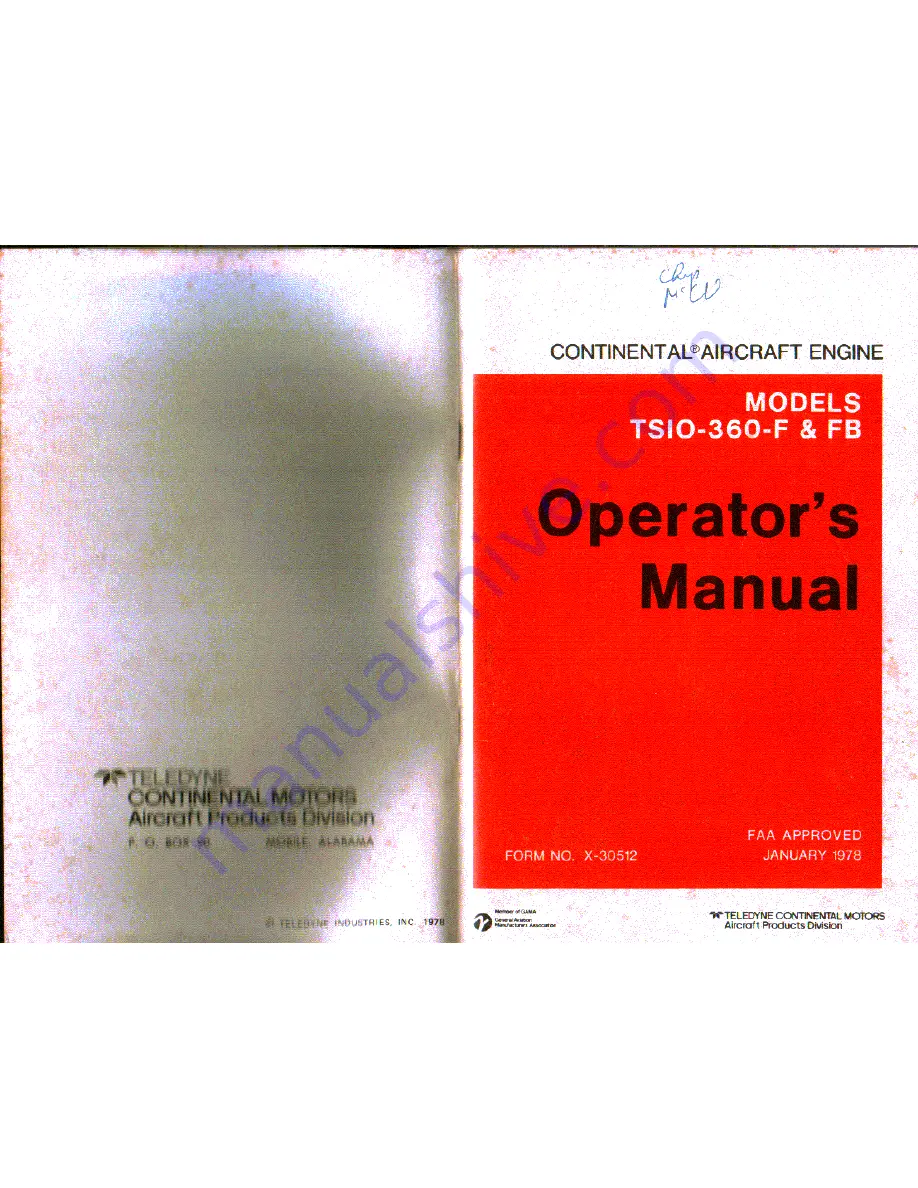 Continental Motors TSIO-360-F Operator'S Manual Download Page 1