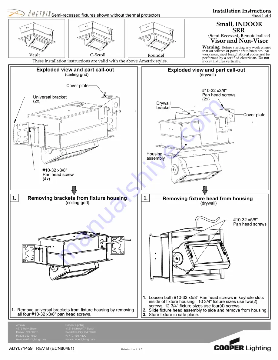 Cooper Lighting AMETRIX SRR Installation Instructions Download Page 1