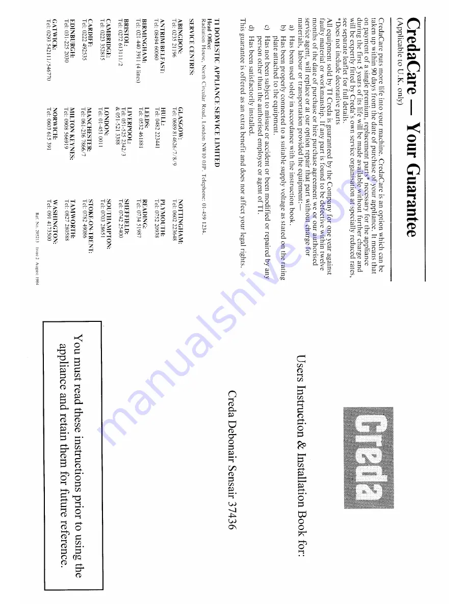 Creda HB37436 Instruction And Installation Book Download Page 1