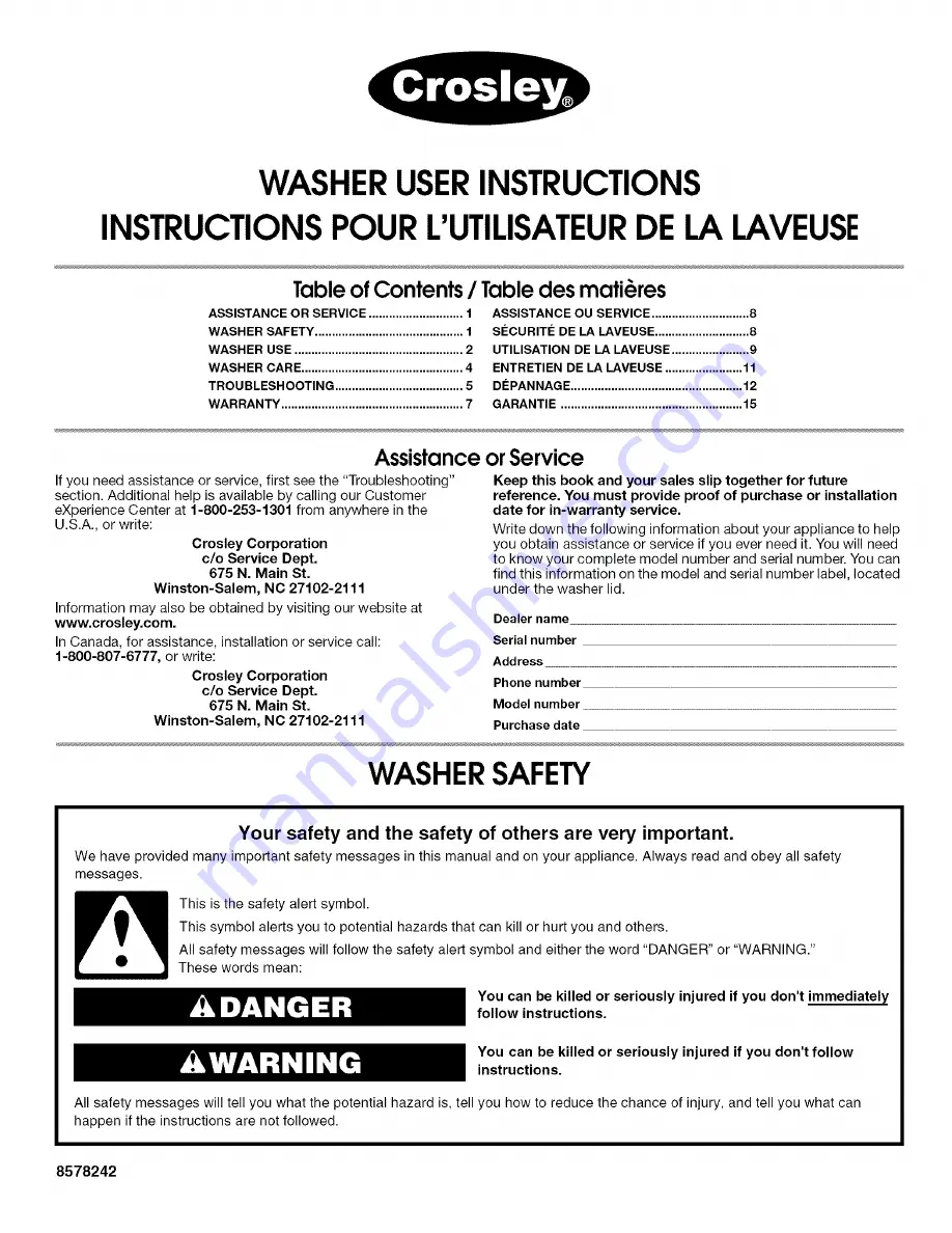 Crosley 8578242 User Instructions Download Page 1