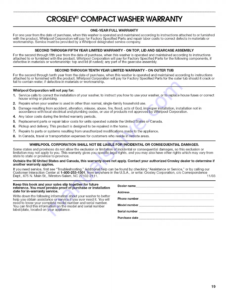 Crosley CAWC529PQ Use & Care Manual Download Page 19