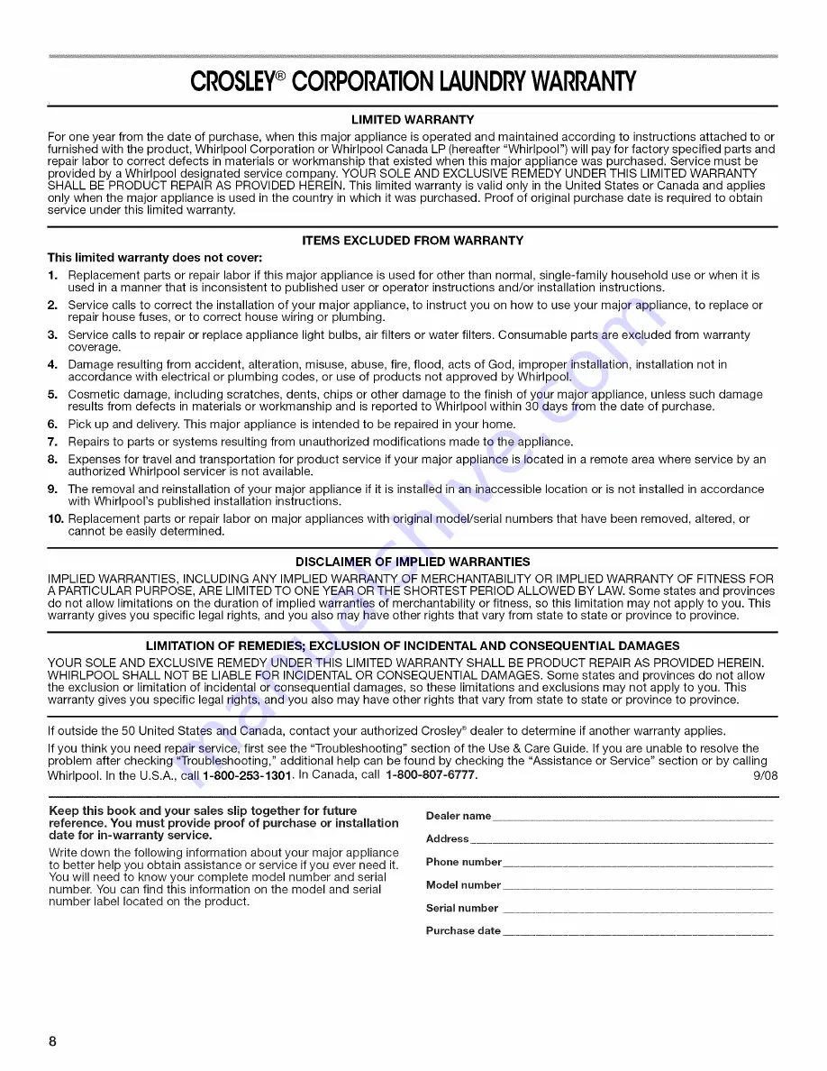 Crosley CAWS14234VQ0 User Instructions Download Page 8