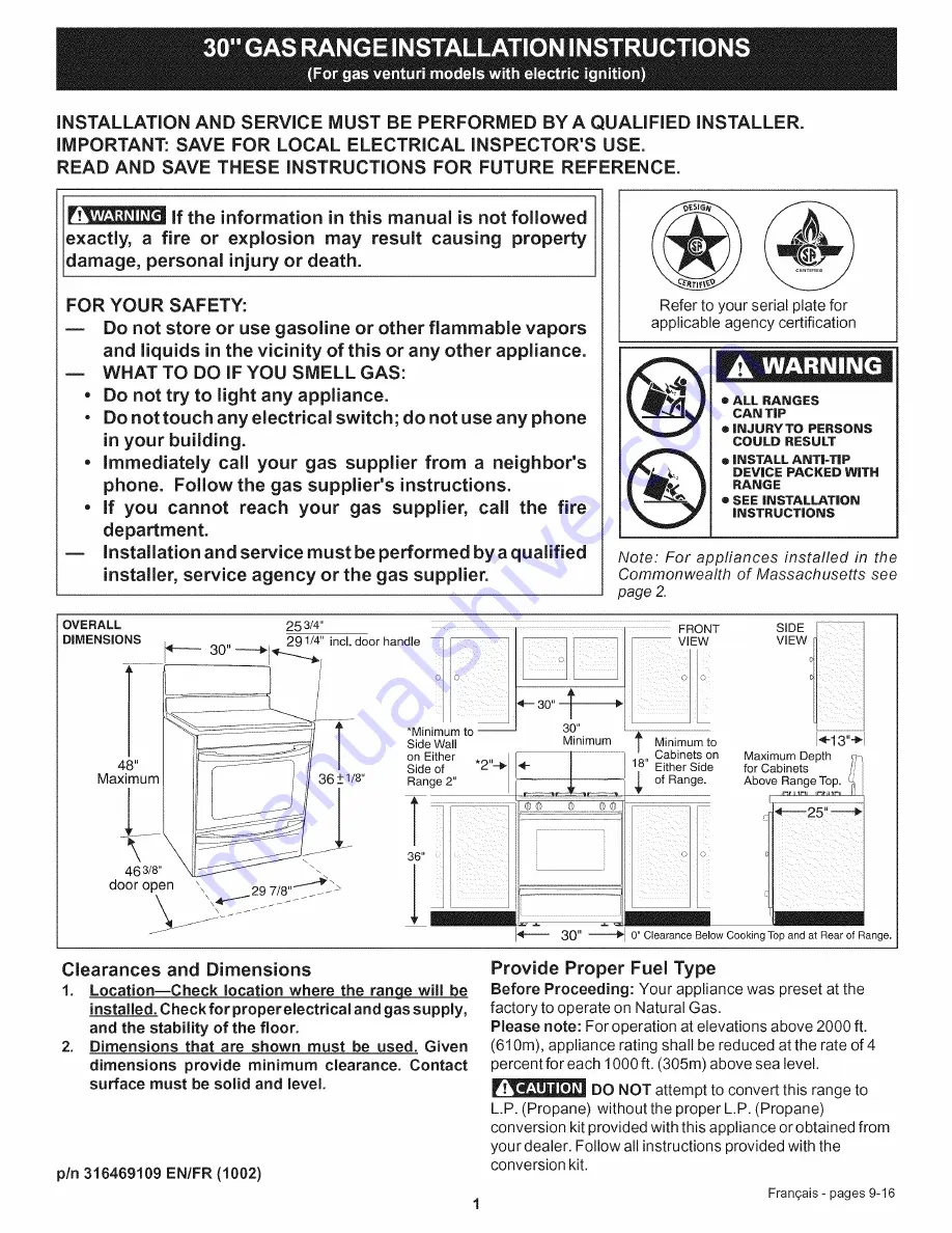 Crosley CRG3120LWA Installation Instructions Manual Download Page 1