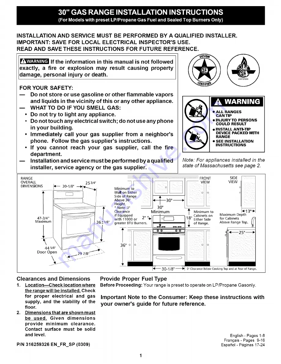 Crosley CRP3160GQQA Installation Instructions Manual Download Page 1