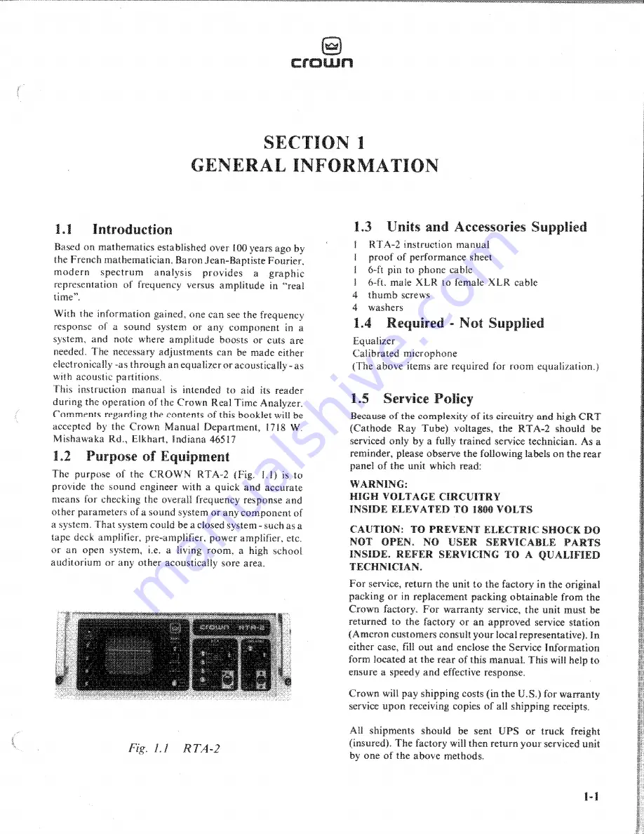 Crown RTA-2 Instruction Manual Download Page 5