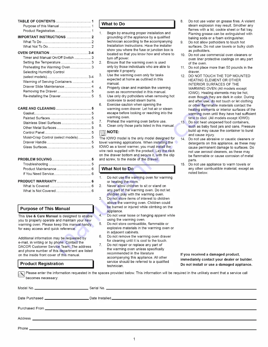 Dacor EW Use & Care Manual Download Page 3