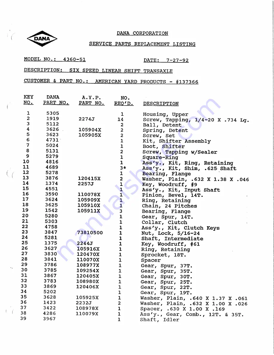 DANA 4360-51 Parts List Download Page 2