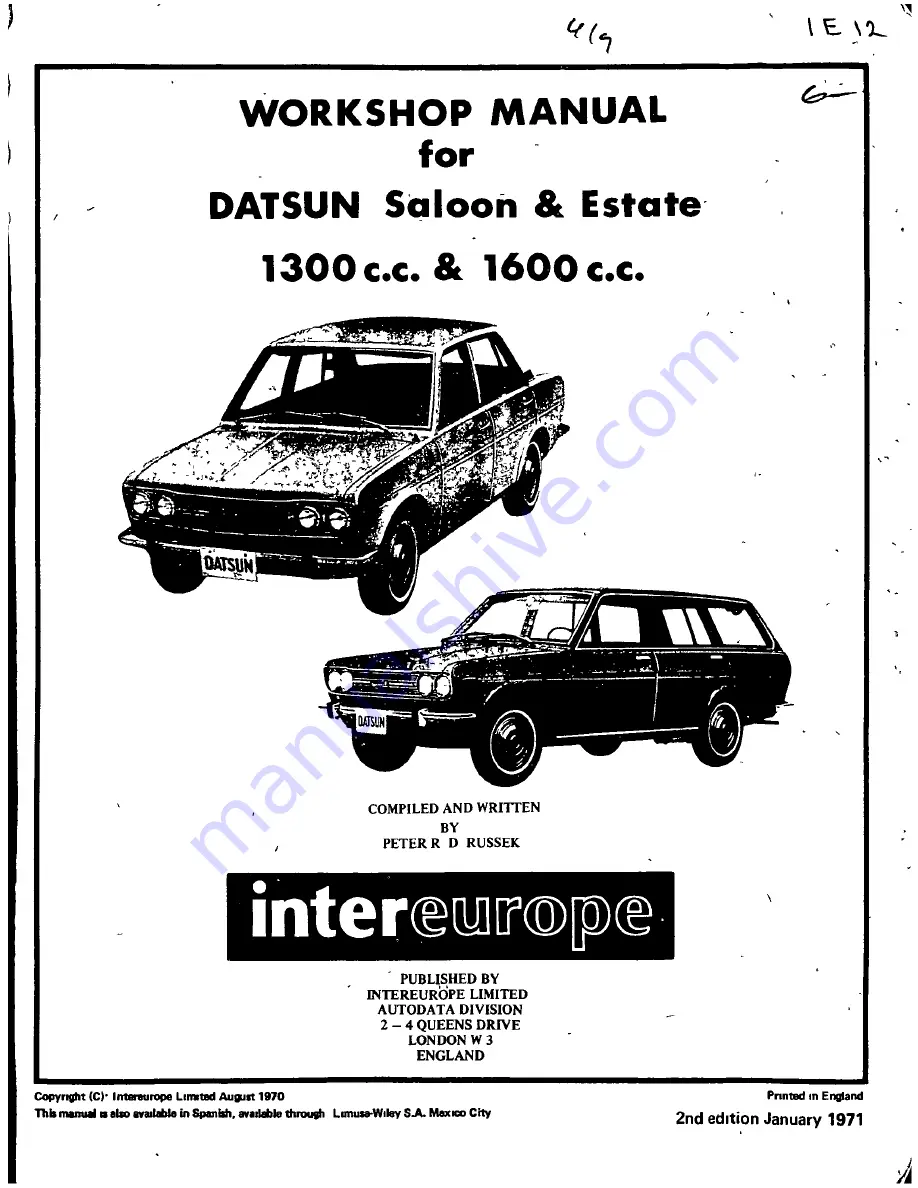 Datsun Saloon I300 Workshop Manual Download Page 3