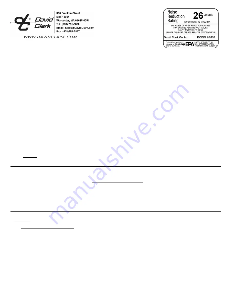 David Clark H9935 Use And Care Information Download Page 1