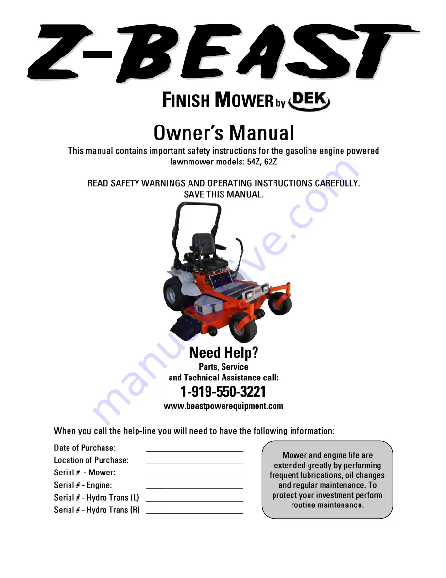 DEK Z- BEAST 54Z Owner'S Manual Download Page 1