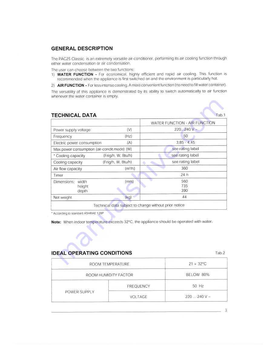 DèLonghi PINGUINA PAC25 Classic Operating And Service Instructions Download Page 3