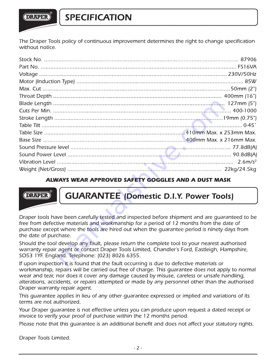 Draper 87906 Instructions Manual Download Page 3