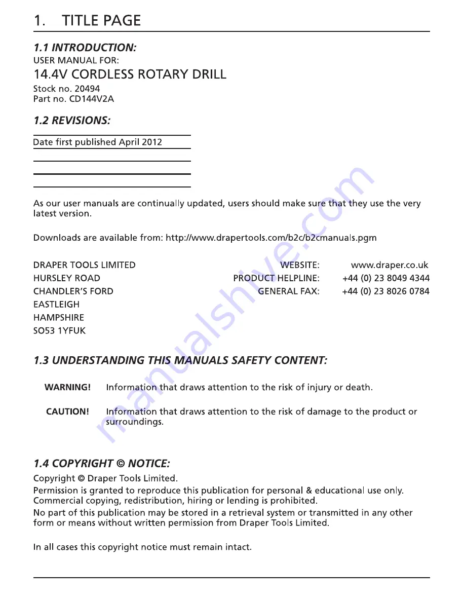 Draper CD144V2A Instructions For Use Manual Download Page 2