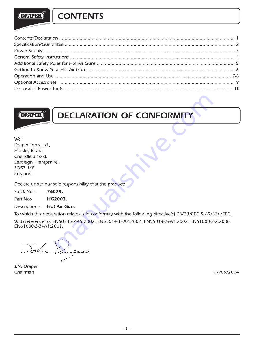 Draper HG2002 Instruction Manual Download Page 2