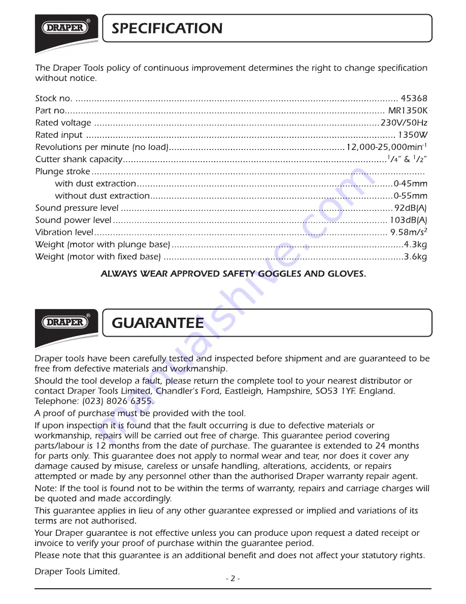 Draper MR1350K Instructions Manual Download Page 3