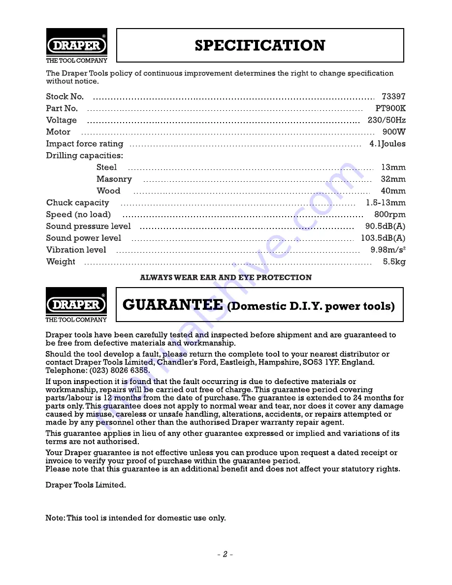 Draper PT900K Instructions Manual Download Page 3