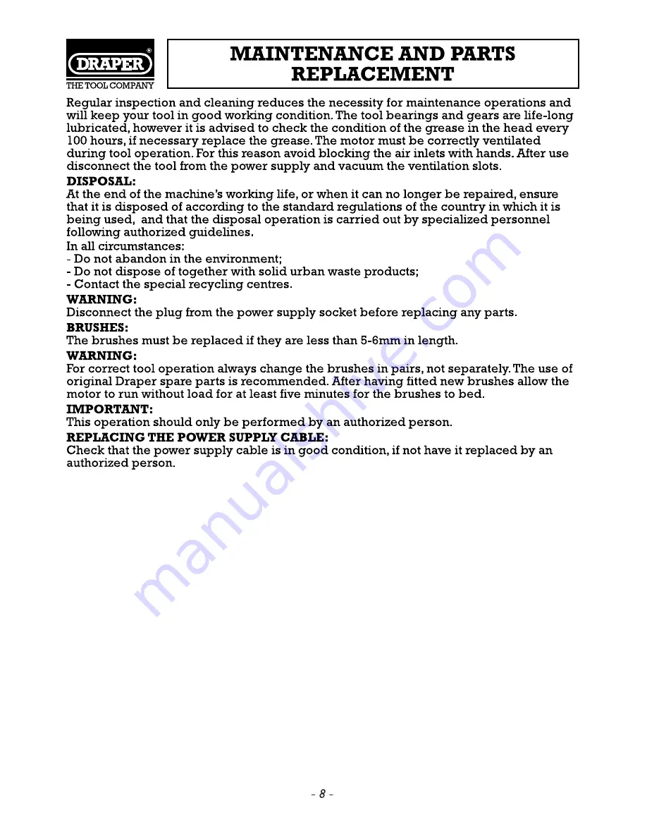 Draper PT900K Instructions Manual Download Page 9