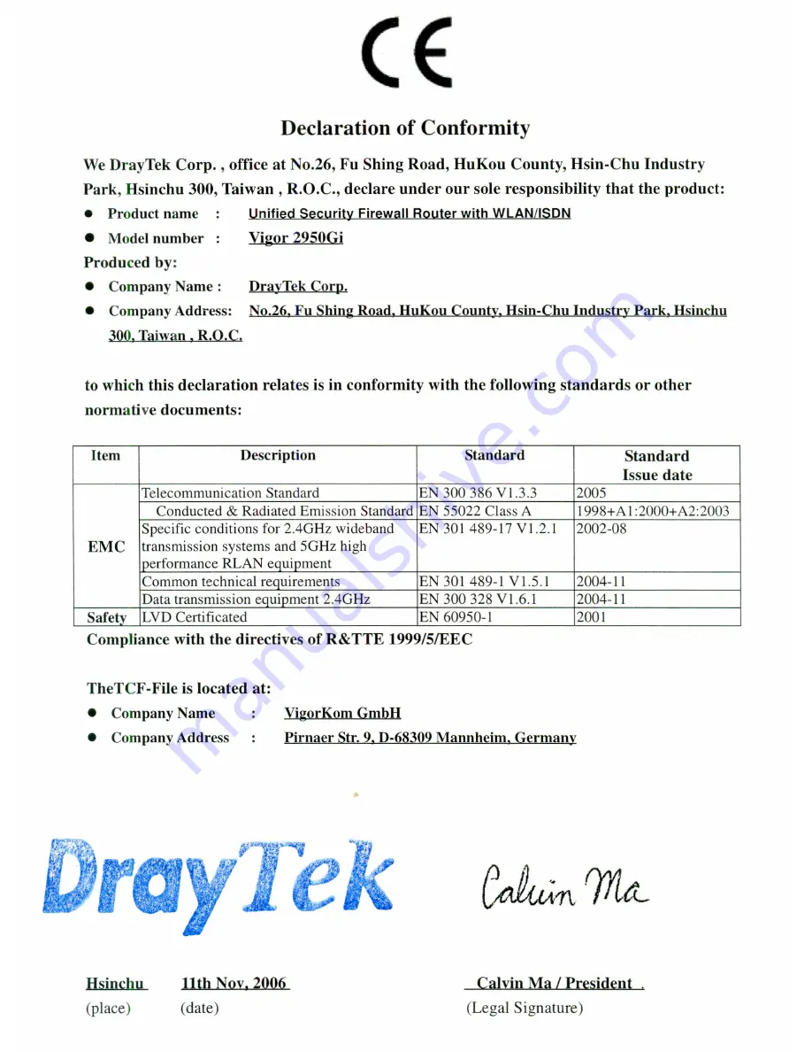 Draytek Vigor 2950Gi Declaration Of Conformity Download Page 1