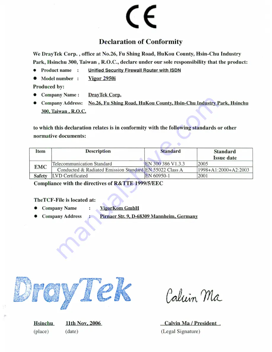 Draytek Vigor 2950i Declaration Of Conformity Download Page 1