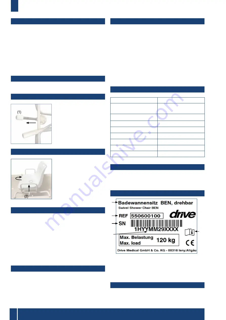 Drive Medical Swivel Shower Chair BEN Operating Instructions Manual Download Page 6