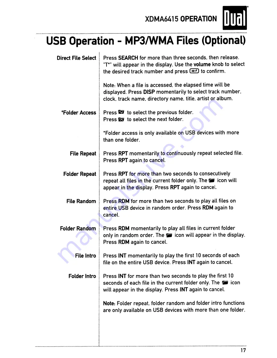 Dual XDMA6415 Installation & Owner'S Manual Download Page 17