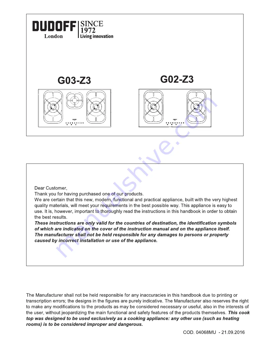 DUDOFF G02-Z3 Installation And User Instructions Manual Download Page 1