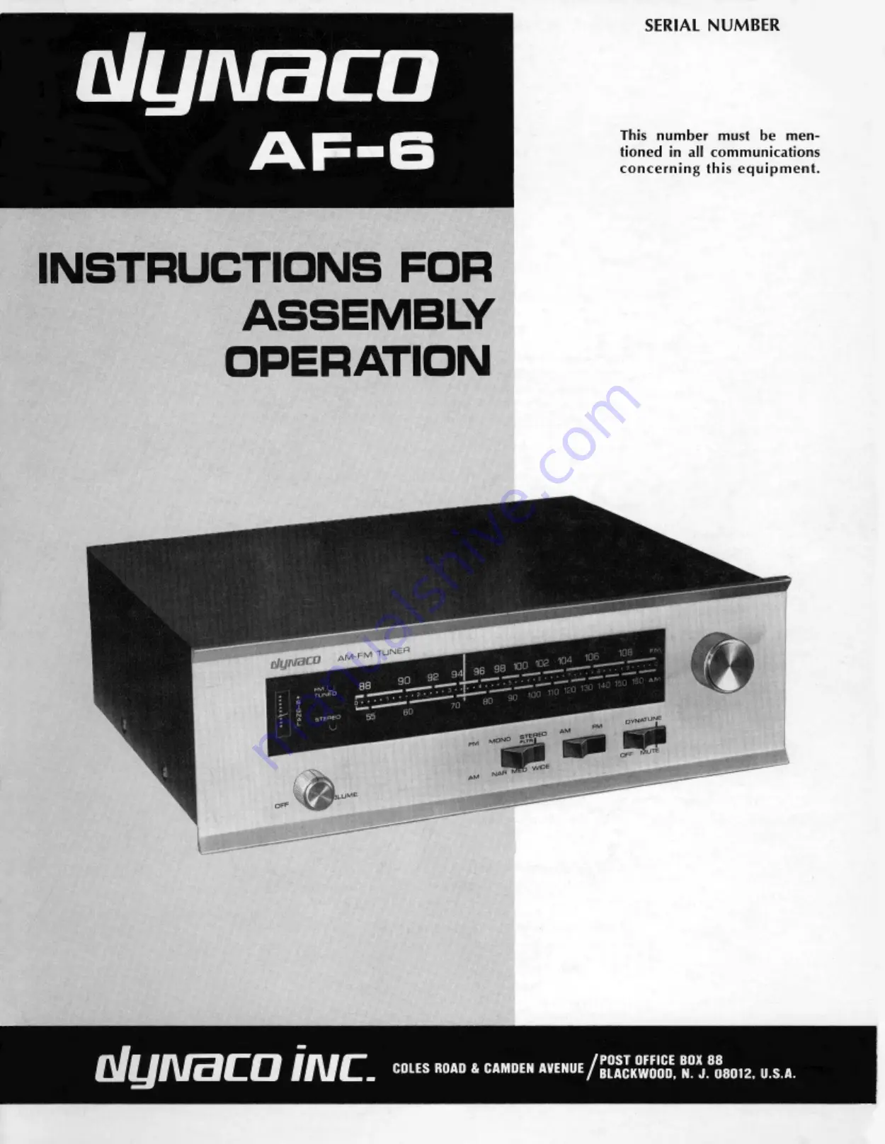 DYNACO AF-6 Instructions For Assembly Operation Download Page 1