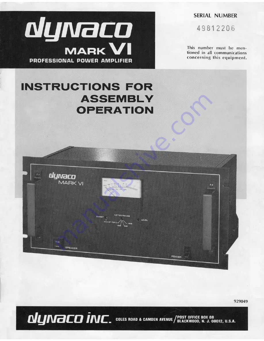 DYNACO MARK VI Instructions For Assembly Operation Download Page 1