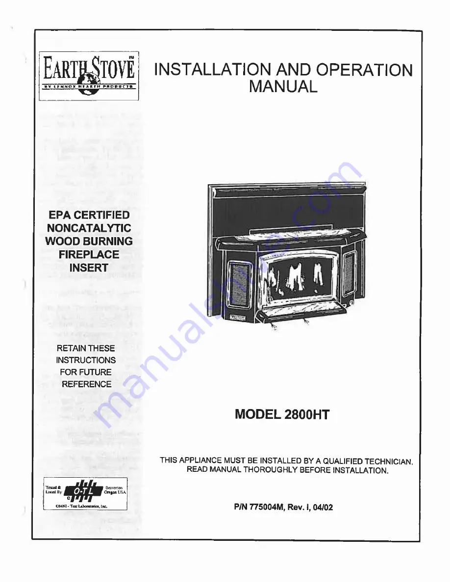 Earth Stove 2800HT Installation And Operation Manual Download Page 1